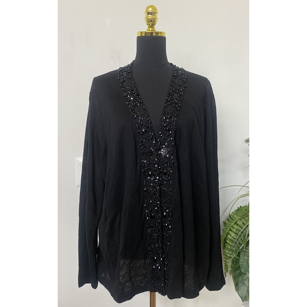 New Lafayette 148 NY Beaded Black 100% Linen V-Neck Cardigan Sweater Sz 3X, $698